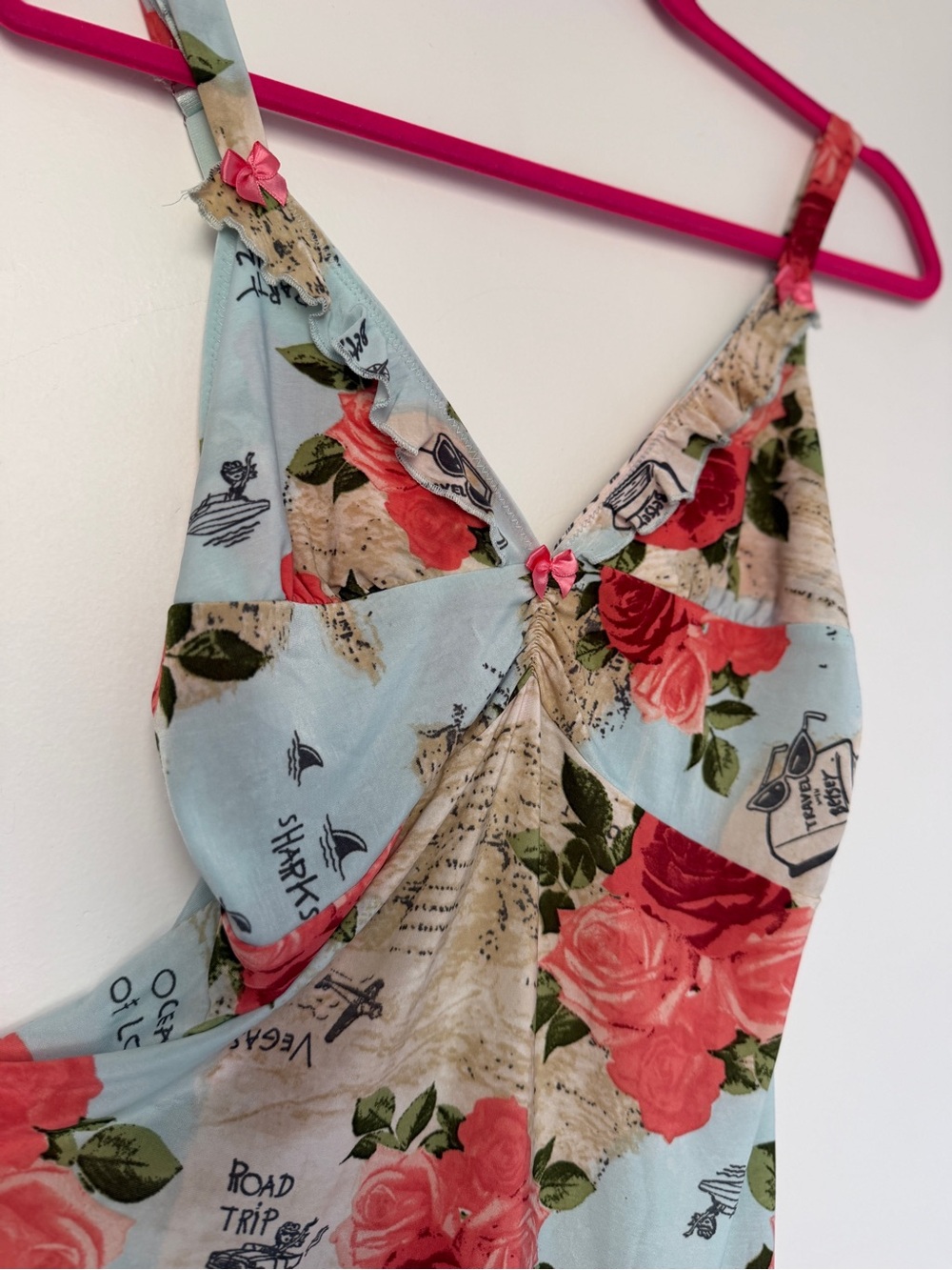 Betsey Johnson Light Blue Floral Slip Dress with Pink Roses Small